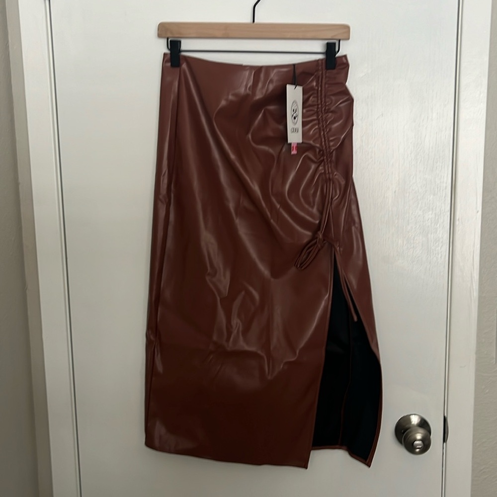 FAUX LEATHER HIGH WAIST DRAWSTRING SPLIT MAXI SKIRT
